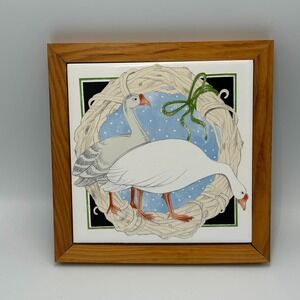 1981 Vandor Goose Wood Framed Tile Cottage Country Trivet Wall Decor Pelzman Bow